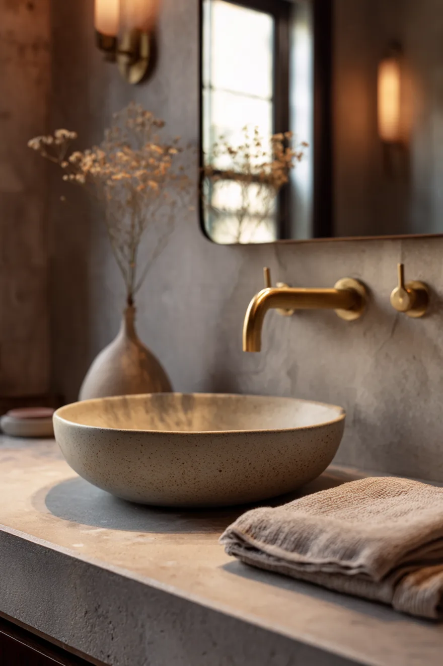 Hand-thrown ceramic soap dish in an ash glaze on a honed stone countertop beside a brushed brass faucet with a small ceramic bud vase and a folded linen hand towel in soft lamplight.