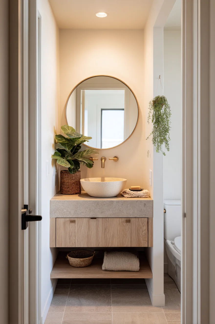 Small 5-by-8-foot warm neutral bathroom with Navajo White walls, warm grey limestone floor tile, almond ceramic sink on a white oak vanity, and a round brass mirror in bright natural daylight.