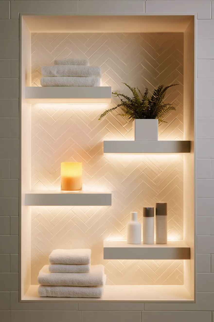 Built-in wall niche with white herringbone tile and four floating shelves illuminated by warm under-shelf LED lighting. Shelves hold folded white towels, a green fern plant in a white pot, a lit candle, and white cosmetic bottles.
