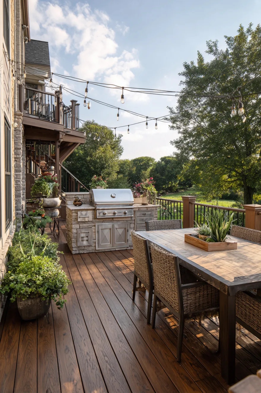 Elevated wooden deck outdoor kitchen with a stone veneer built-in grill station, stainless steel drawers, string lights overhead, and a large wood dining table with woven chairs.