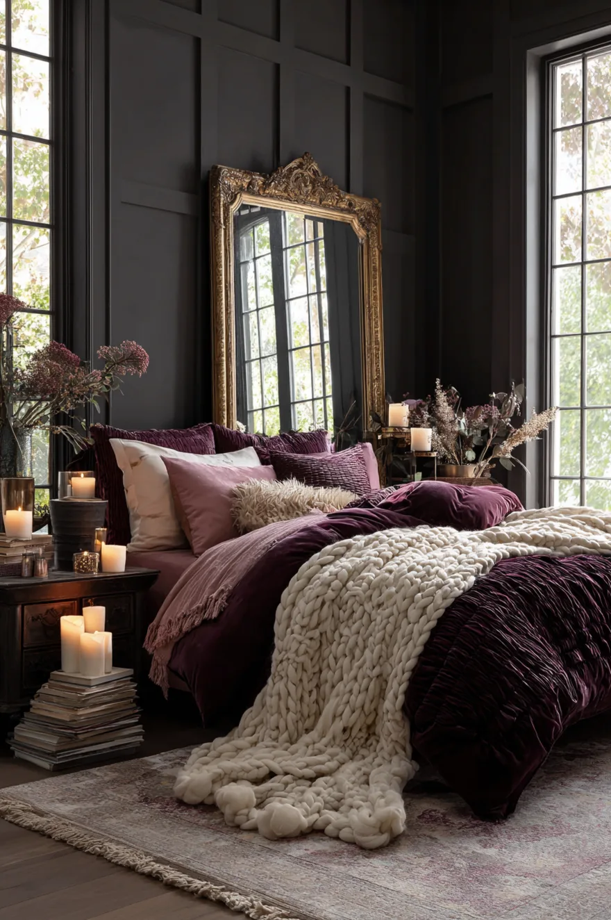 Moody bedroom with dark walls, an ornate gold floor mirror, and a bed layered with purple velvet, mauve pillows, and a chunky cream knit throw.