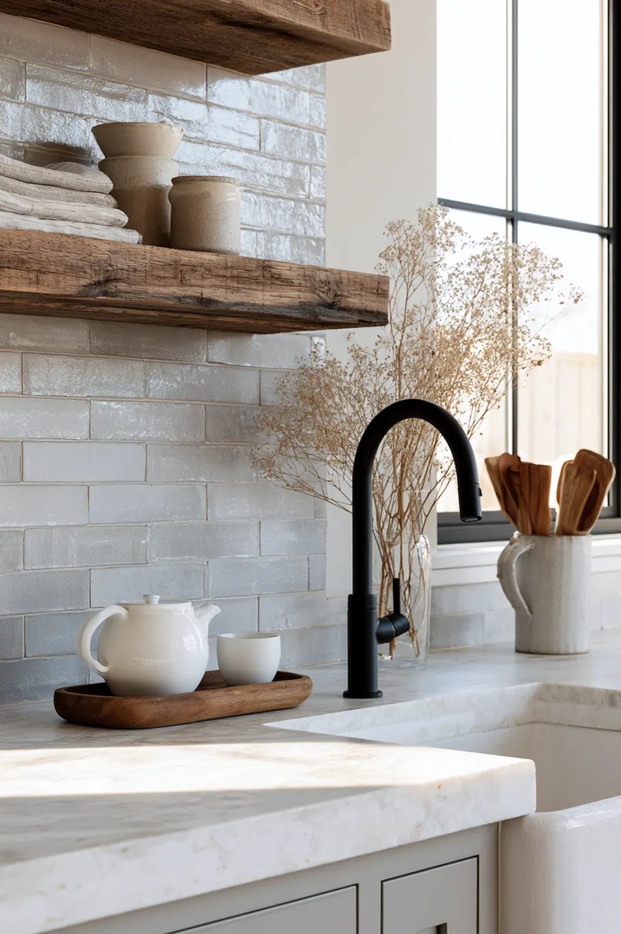 Light gray handmade subway tile backsplash with glossy finish under thick rustic wood open shelves, featuring a modern matte black faucet and a white farmhouse sink.
