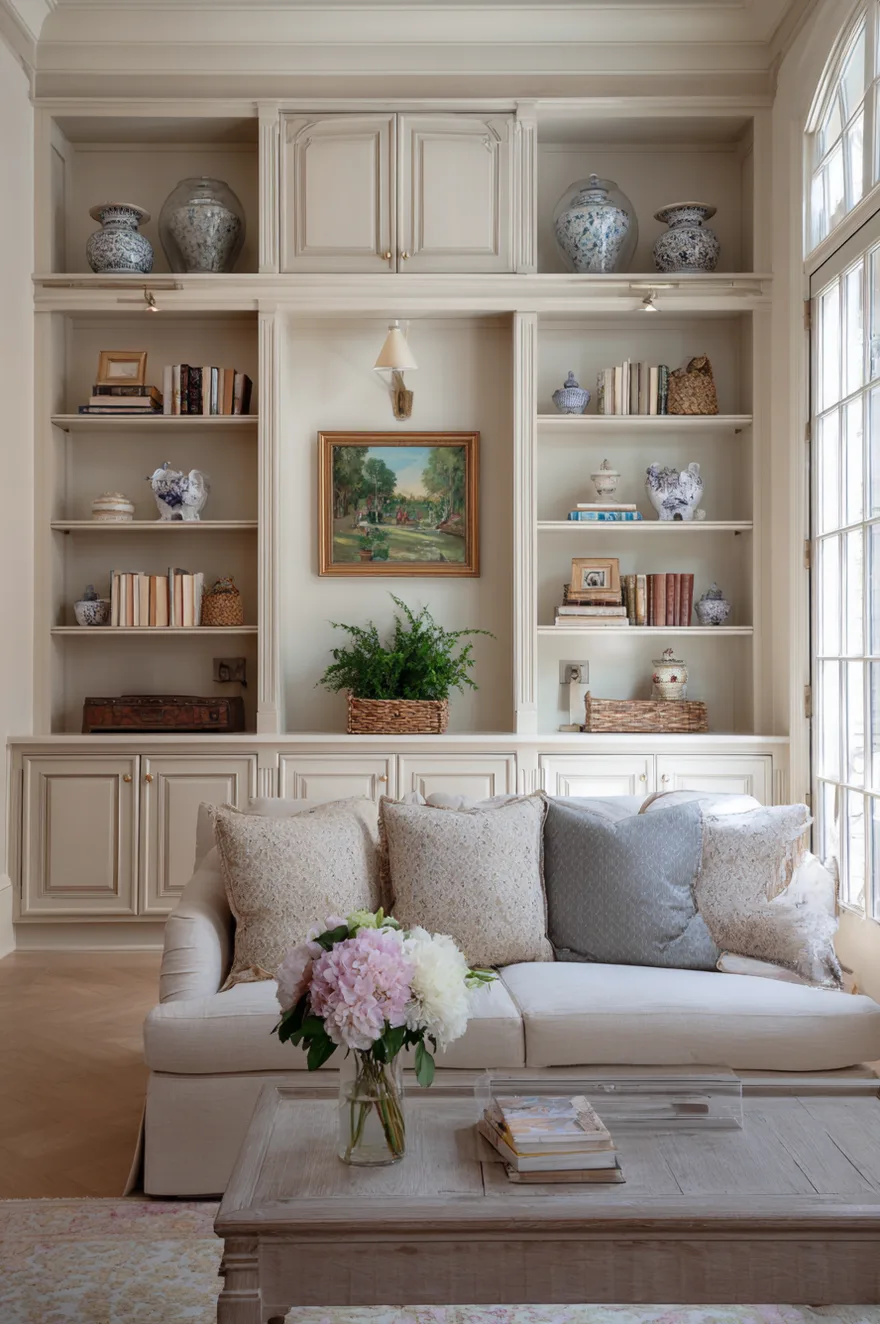 Elegant cream-colored floor-to-ceiling built-in cabinets with open shelving and closed lower cupboards. The shelves are styled with vintage books, blue and white porcelain jars, and a central landscape painting. A white sofa with neutral textured pillows sits in front of the cabinetry.