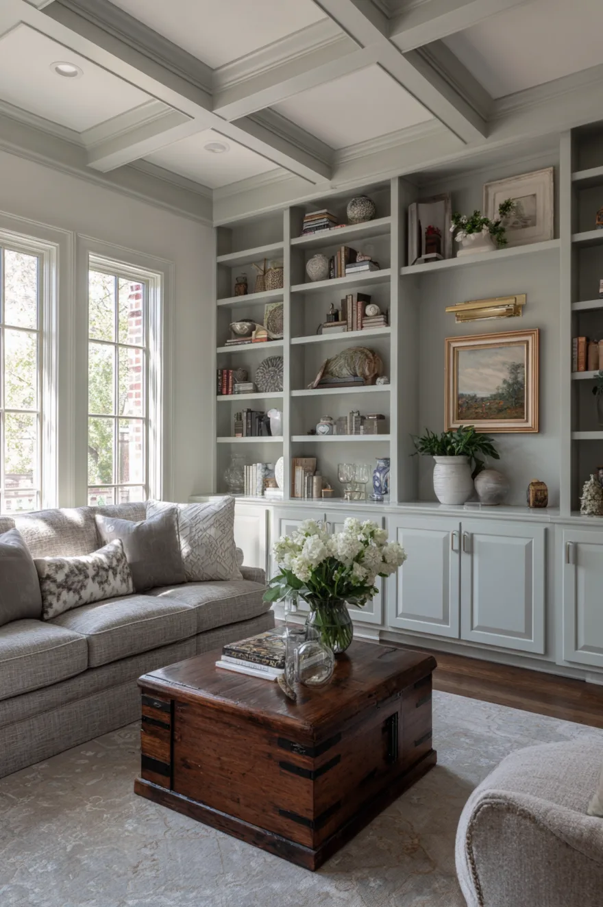 A sophisticated living room featuring sage green or light gray built-in shelving and a coffered ceiling. A gray textured sofa sits opposite a dark wood trunk coffee table topped with white hydrangeas. The shelves are filled with a curated collection of books, ceramics, and framed art.