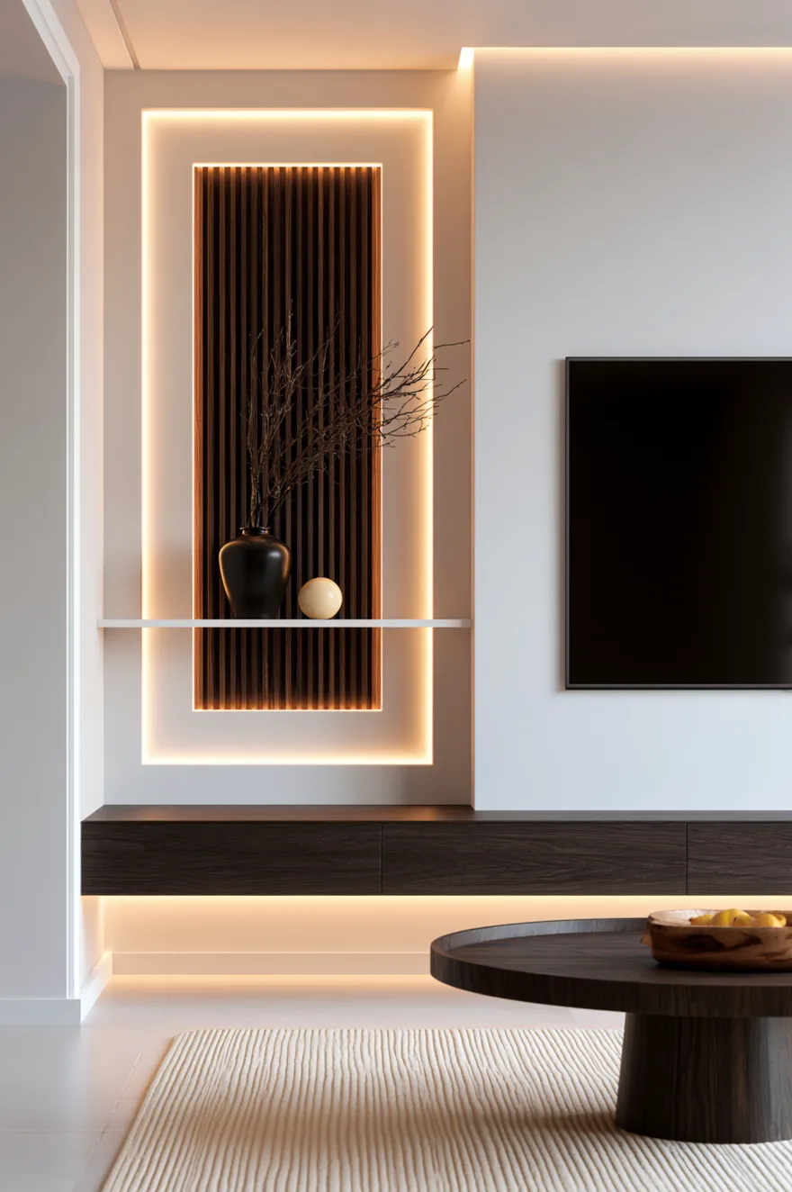 Modern accent wall featuring a recessed vertical dark walnut wood slat panel framed by a continuous glowing rectangle of warm LED strip lighting. A slim white horizontal floating shelf cuts through the wood slats, holding a black ceramic vase with fine dried branches and a small cream sphere ornament. To the right, a television is flush-mounted on a smooth white wall above a long, dark walnut floating media unit illuminated by soft warm underlighting. A low round dark wood coffee table rests on a textured cream area rug in the foreground.