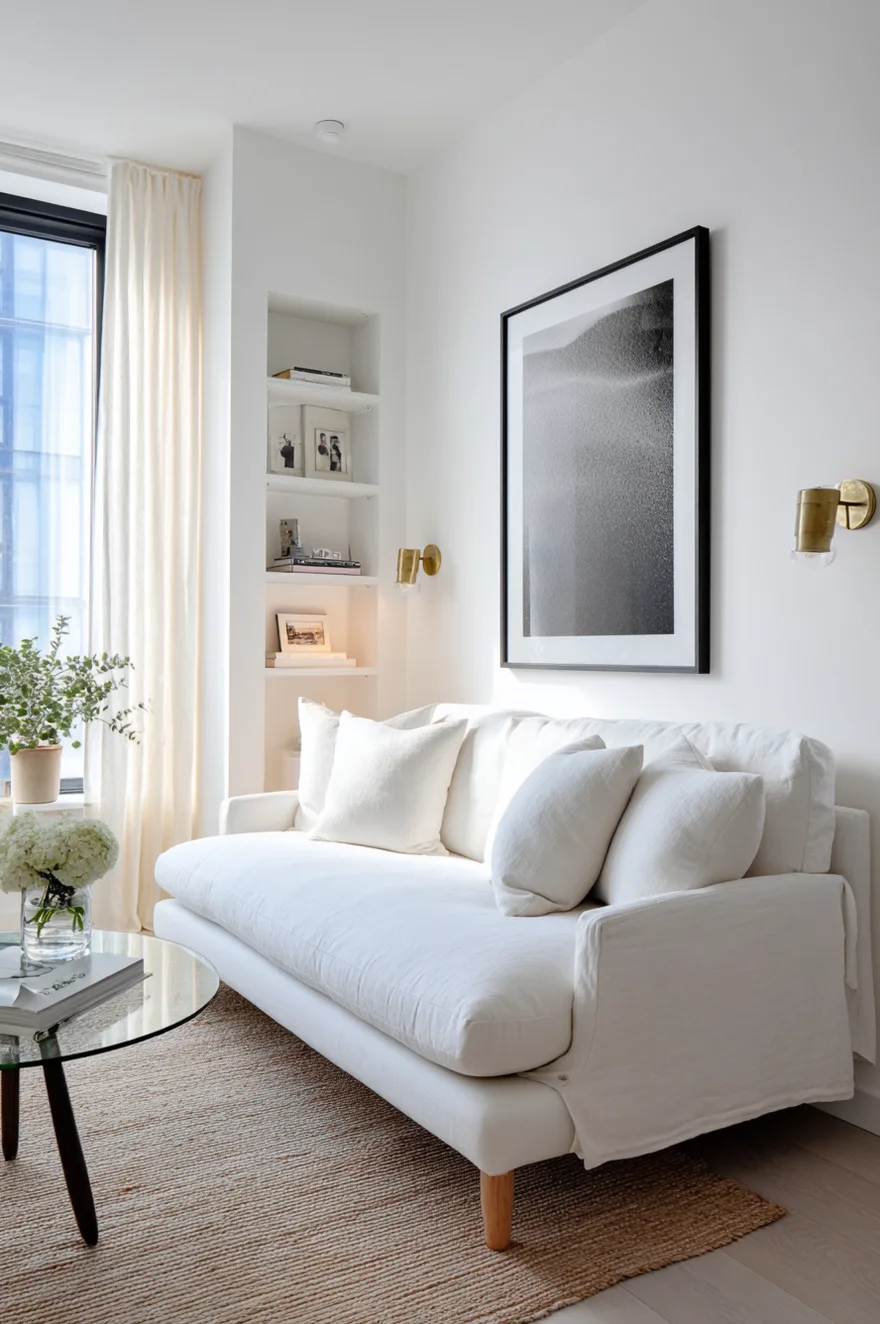 Small apartment living room with a white slipcovered sofa and built-in niche shelving to save space.