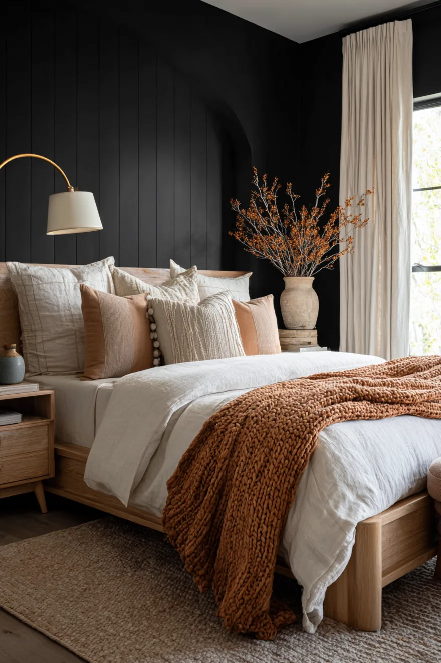 A dark black vertical shiplap accent wall behind a light wood bed frame styled with a chunky rust orange knit blanket and cream pillows, next to a vase with dried branches.