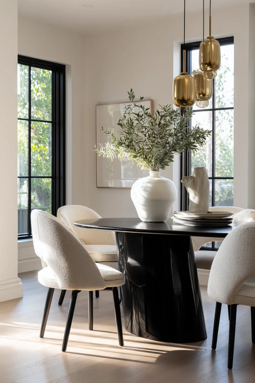 Modern matte black dining table surrounded by contrasting cream upholstered chairs in a bright room.