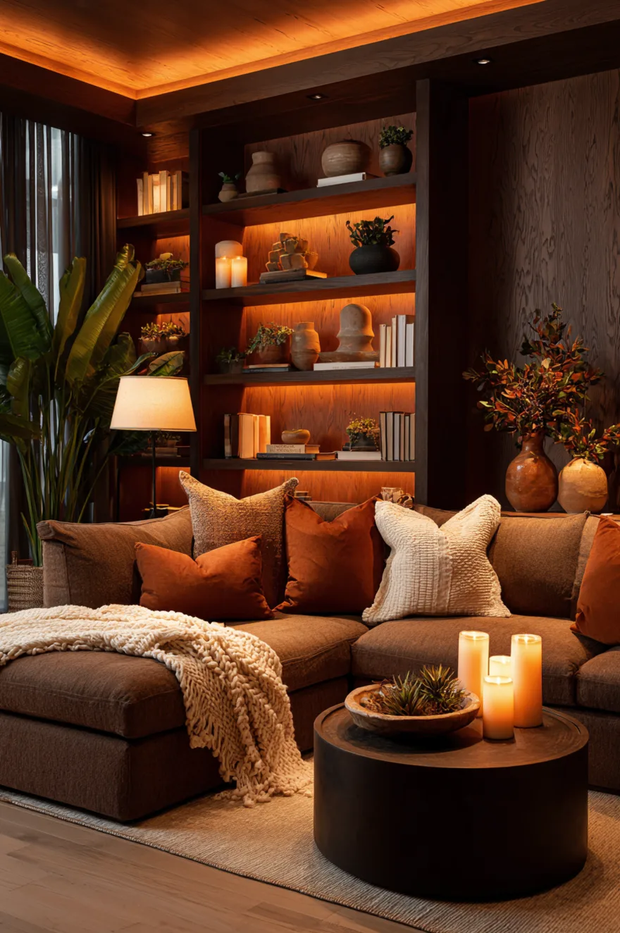 A cozy living room space showcasing a dark brown velvet sofa, a wood coffee table, and warm glowing table lamps placed in front of an illuminated built-in bookshelf.