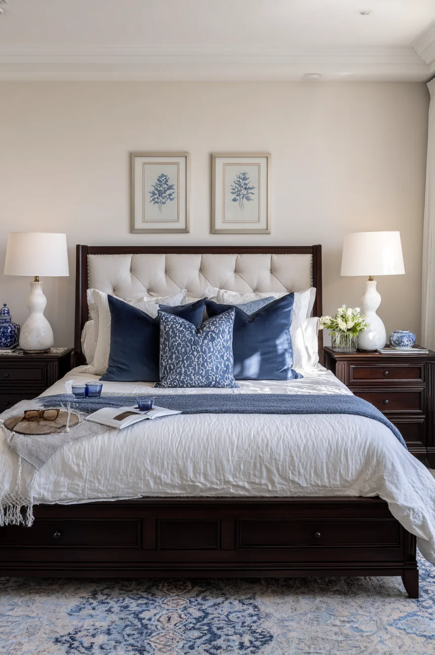 Symmetrical master bedroom setup featuring a cream tufted headboard and dark wood bed frame with matching dark wood nightstands. White sculpted table lamps sit on each nightstand beneath two framed blue botanical prints. The bed is styled with white linens, blue velvet pillows, and a blue textured throw blanket.
