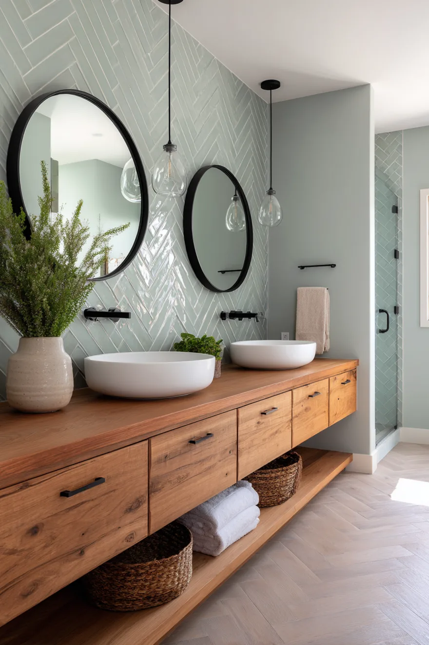 A light wood double vanity featuring flat panel drawers and an open bottom shelf filled with woven storage baskets. Two round white vessel sinks sit against a wall covered in glossy sage green herringbone subway tile, accented by round black mirrors and glass pendant lights.