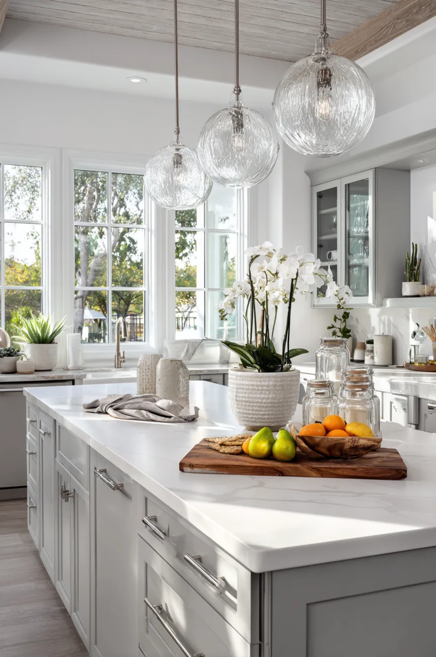 Large clear glass globe kitchen pendant lights over island with visible vintage filament bulbs.