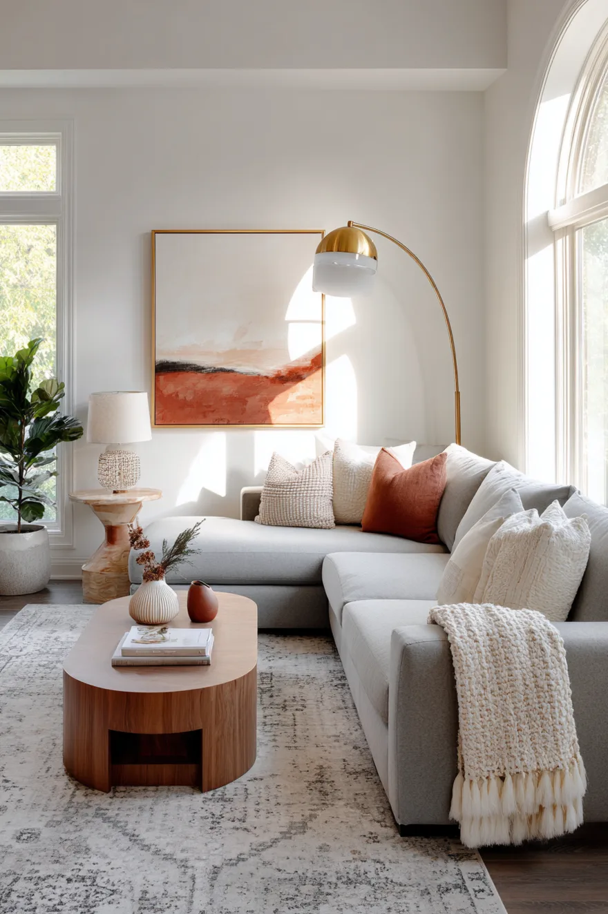 A light grey sectional sofa styled with cream and rust pillows, sitting next to a gold arc floor lamp and a warm wood oval coffee table under a large abstract painting.