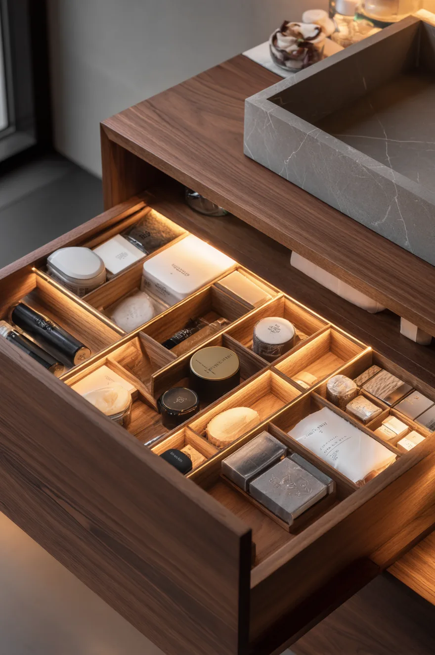 An open walnut wood bathroom vanity drawer showcasing built-in custom wooden dividers. The compartments perfectly separate various cosmetics, small skincare jars, and compacts. Integrated warm LED strip lighting glows along the interior edges of the drawer dividers. A grey stone sink sits on the countertop above.