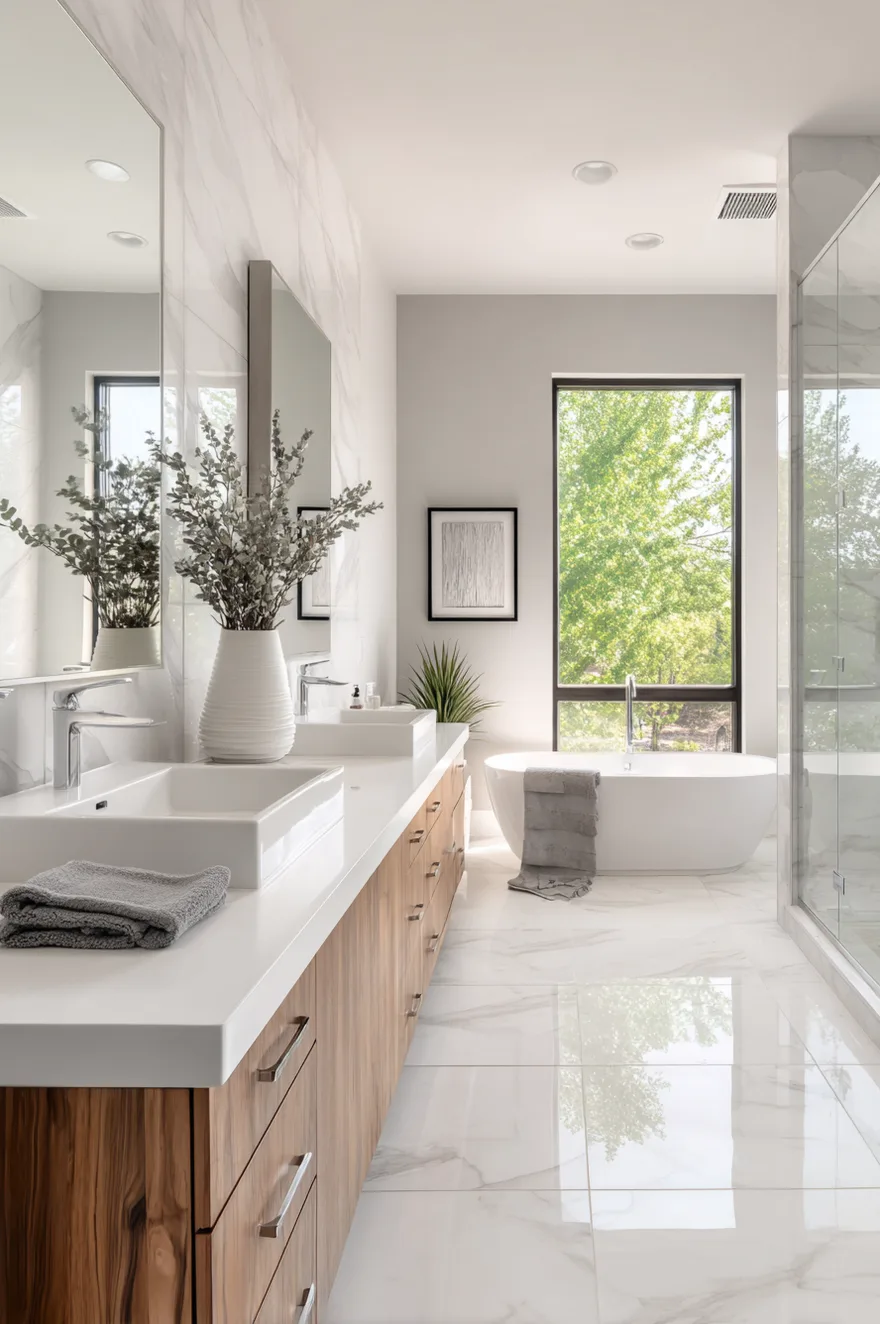 A modern bathroom with large format beige stone floor tiles extending into a glass-enclosed walk-in shower, paired with a floating wood vanity.