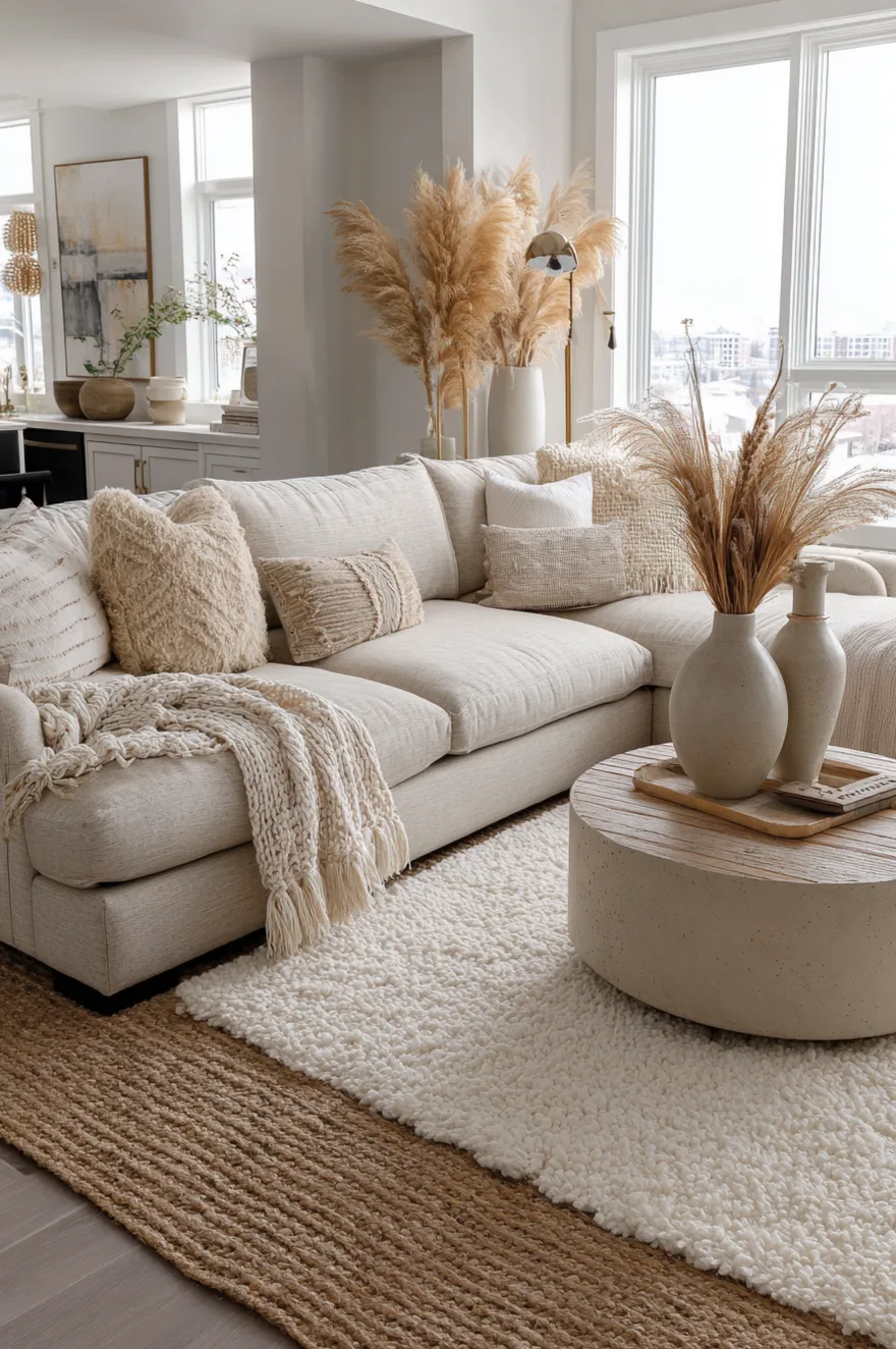 A layered living room rug setup featuring a plush white rug placed over a larger natural jute area rug beneath a beige sofa.