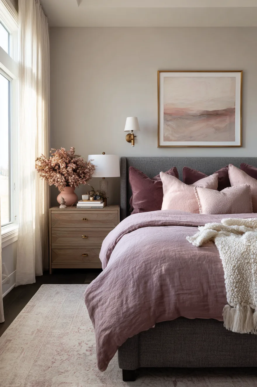 Sophisticated bedroom featuring a gray upholstered headboard layered with mauve bedding, velvet pillows, and a light wood nightstand under a brass wall sconce.