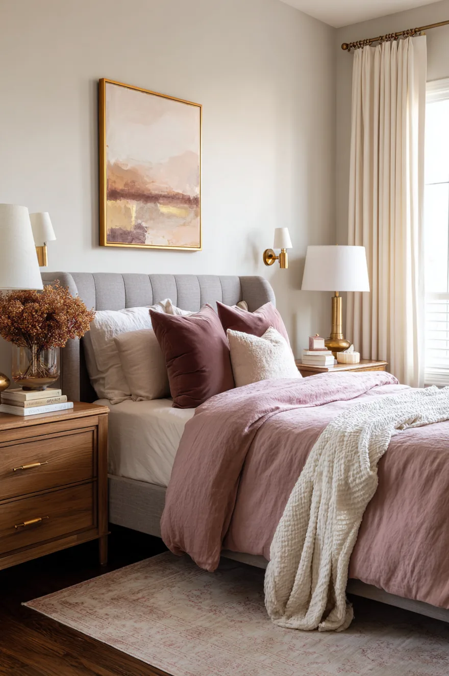 A gray upholstered bed styled with a mauve duvet and velvet pillows, flanked by wood nightstands and warm brass table lamps against light neutral walls.