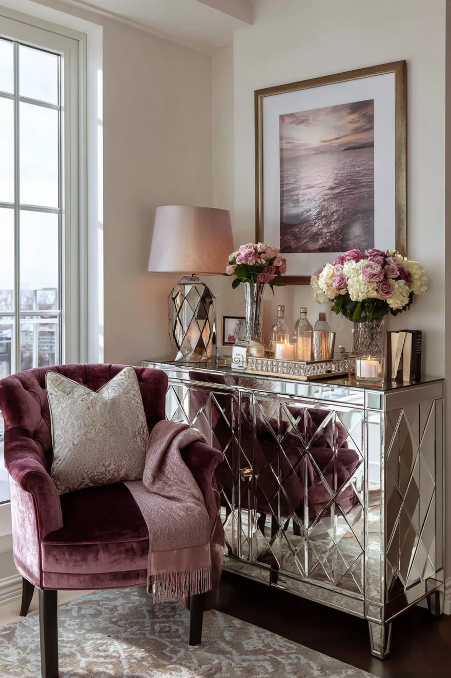 Mirrored faceted cabinet topped with a geometric silver table lamp, lit candles, and vases of pink and white roses. A tufted plum velvet armchair sits to the left, styled with a patterned cream pillow and a soft pink fringed throw blanket. A framed seascape artwork hangs above the reflective console near a bright window.