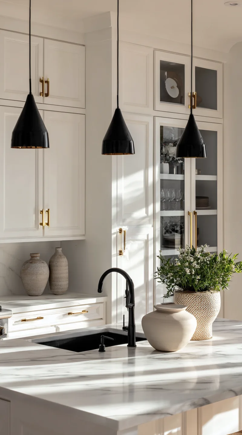 White marble kitchen island featuring a modern matte black faucet and black pendant lights.