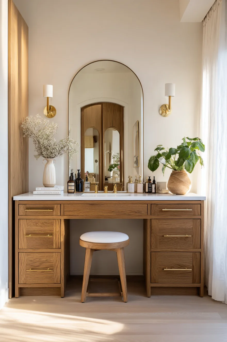 A Wooden makeup vanity with brass hardware and multiple drawers. A small wooden stool with a white cushion sits underneath. The counter holds a variety of skincare bottles, a white vase with baby's breath, and a wooden pot with a green plant. A tall arched mirror hangs on the white wall, flanked by two brass wall sconces.