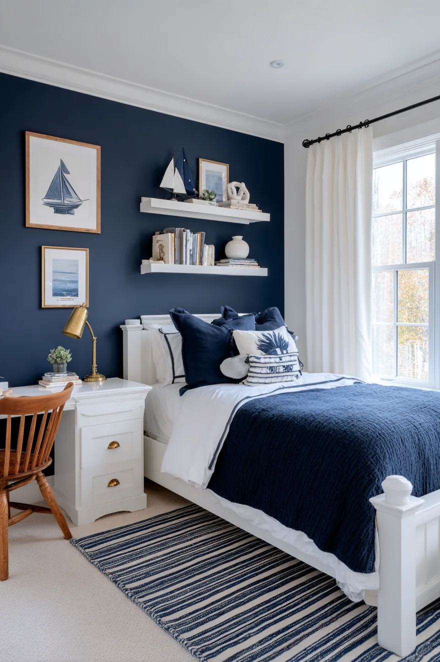 A classic boys bedroom with a dark navy blue wall behind a grey upholstered bed. The room features a white nightstand, framed art, and a comfortable striped grey blanket.