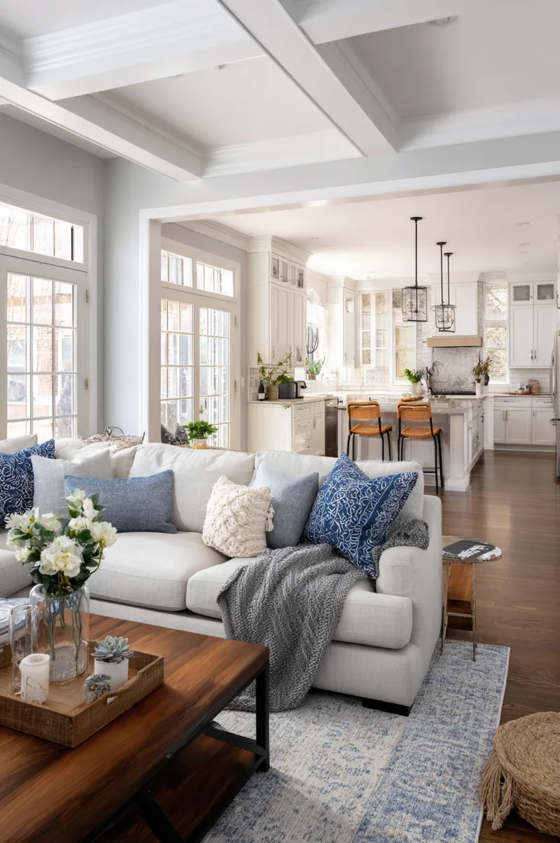 L-shaped open kitchen and living room floor plan featuring a light grey sectional sofa facing a white kitchen.