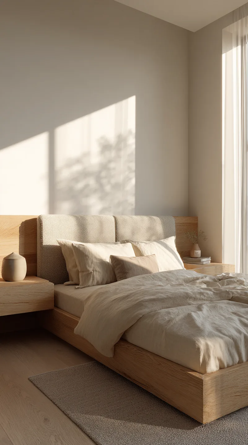 Minimalist wooden platform bed with neutral linen bedding in a sunlit small bedroom.