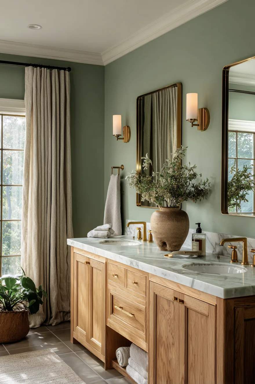 A modern bathroom with sage green walls, a light wood double vanity with a marble countertop, brass hardware, and tall brass mirrors.