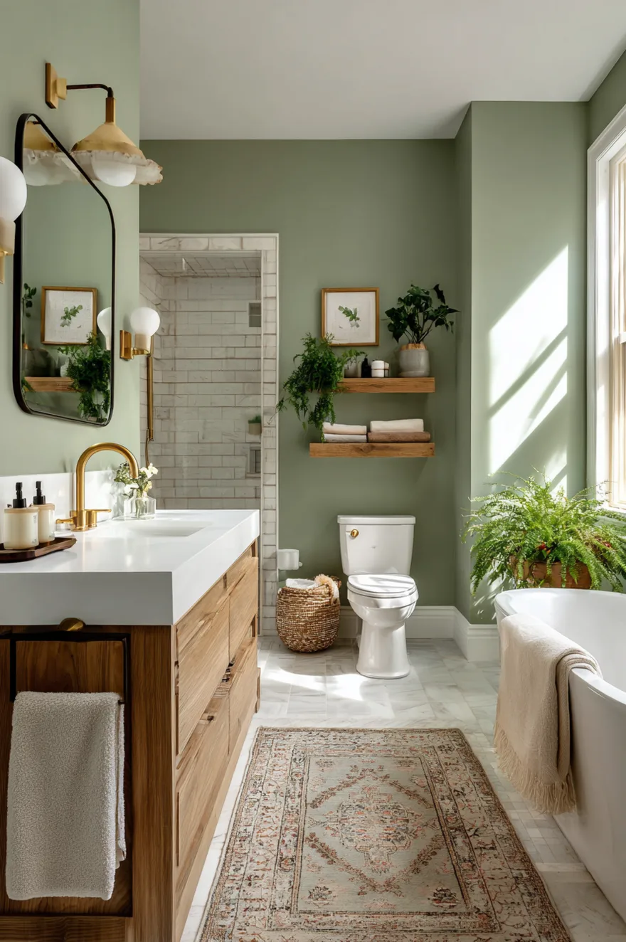 A bright bathroom with sage green walls, a white soaking tub, a wood vanity with a white counter, brass fixtures, and lots of potted green plants.