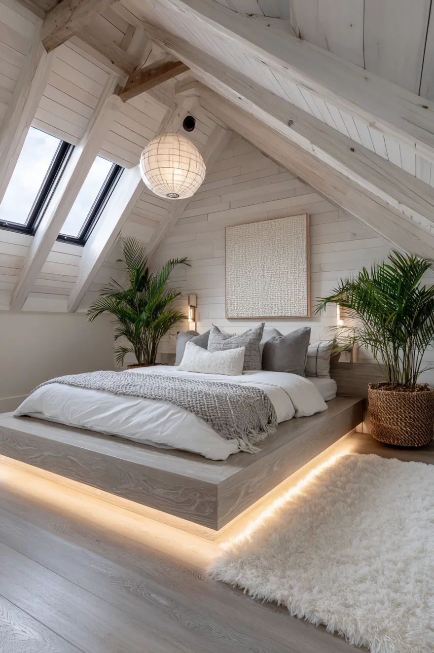 An attic bedroom with white painted wood-paneled walls and a slanted ceiling featuring two large skylights. A low grey platform bed with warm under-bed LED lighting sits on a light wood floor. Two large green potted palms flank the bed beneath a round woven paper pendant light.