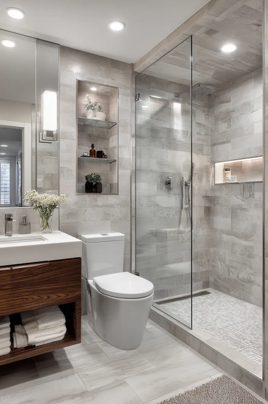 A small bathroom featuring a stand up shower with a glass door, large gray and beige textured wall tiles, a built-in niche with glass shelves, a white toilet, and a warm wood vanity.