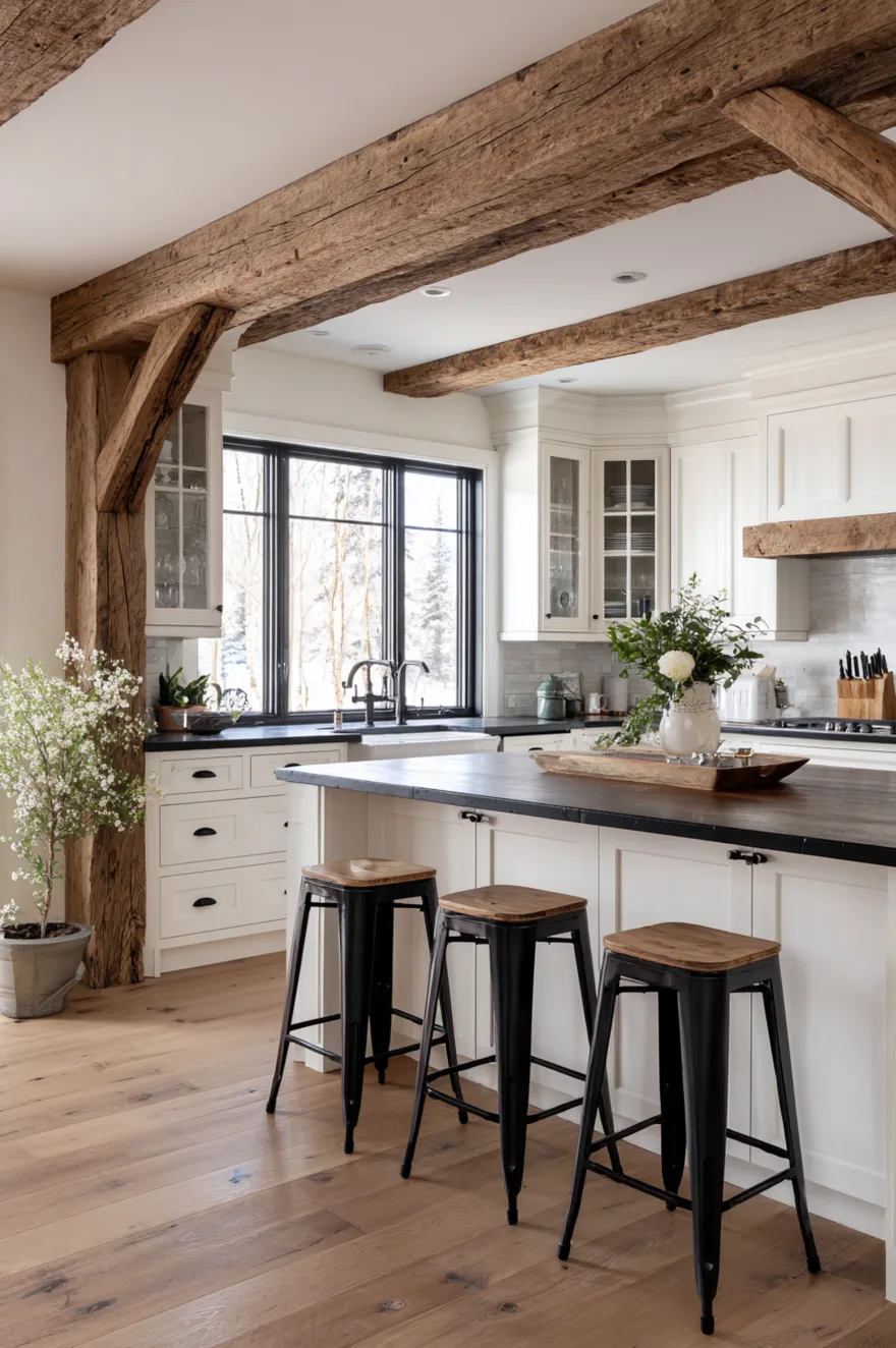 A white shaker kitchen with a dark countertop island, black metal stools, and heavy rustic wood beams framing the ceiling and walls.