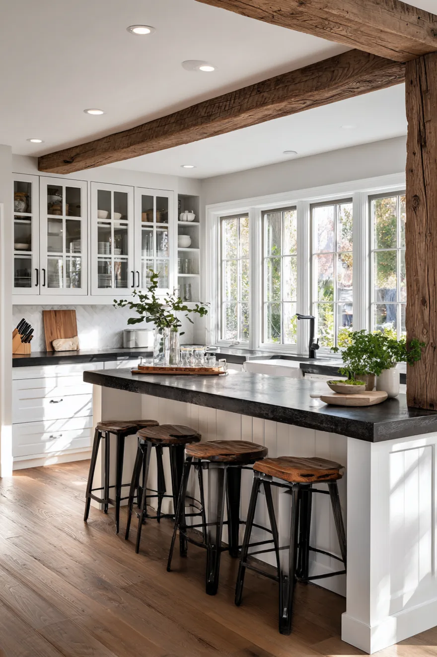 A close perspective of a dark kitchen counter with backless wood and metal stools, framed by a thick rustic timber beam with large windows in the background.