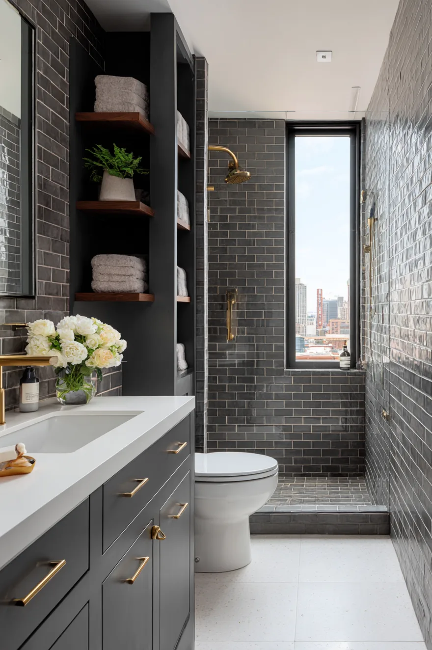 A narrow modern bathroom featuring a walk-in shower completely tiled in glossy dark grey subway tile with gold fixtures. A dark grey vanity with a white countertop and gold hardware sits next to a white toilet. Built-in dark grey shelves hold neatly folded white towels and a small potted fern.