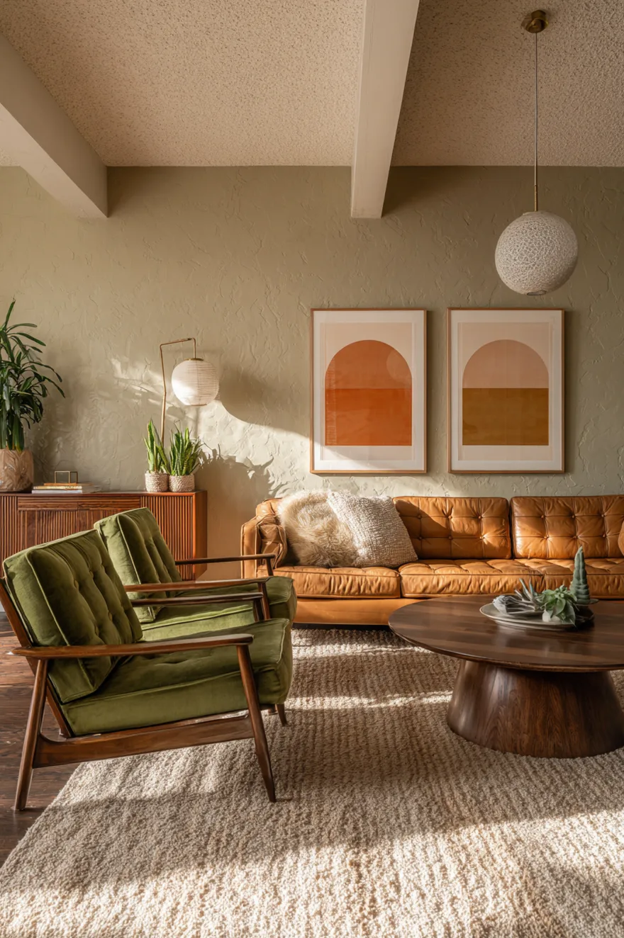 A cozy living space showcasing a tan leather sofa, two green velvet chairs with wooden frames, and a solid wood round coffee table. Two framed abstract art pieces in orange and mustard tones hang on a textured sage green wall.