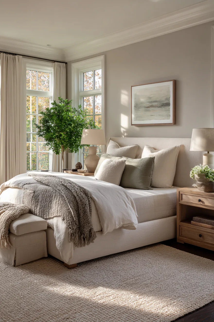 Serene master bedroom painted in soft greige neutral tones with white linen bedding and natural wood nightstand.
