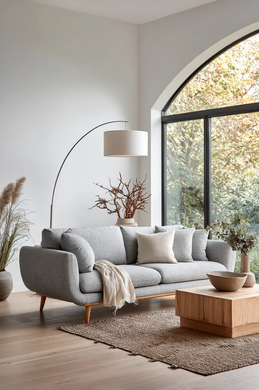 A well-lit living room showcasing a low-profile, light grey textured sofa with tapered wooden legs. A large arched window reveals outdoor greenery, while a sleek black arched floor lamp curves over the seating area. A solid light wood block coffee table sits on a woven jute rug over light oak hardwood floors.