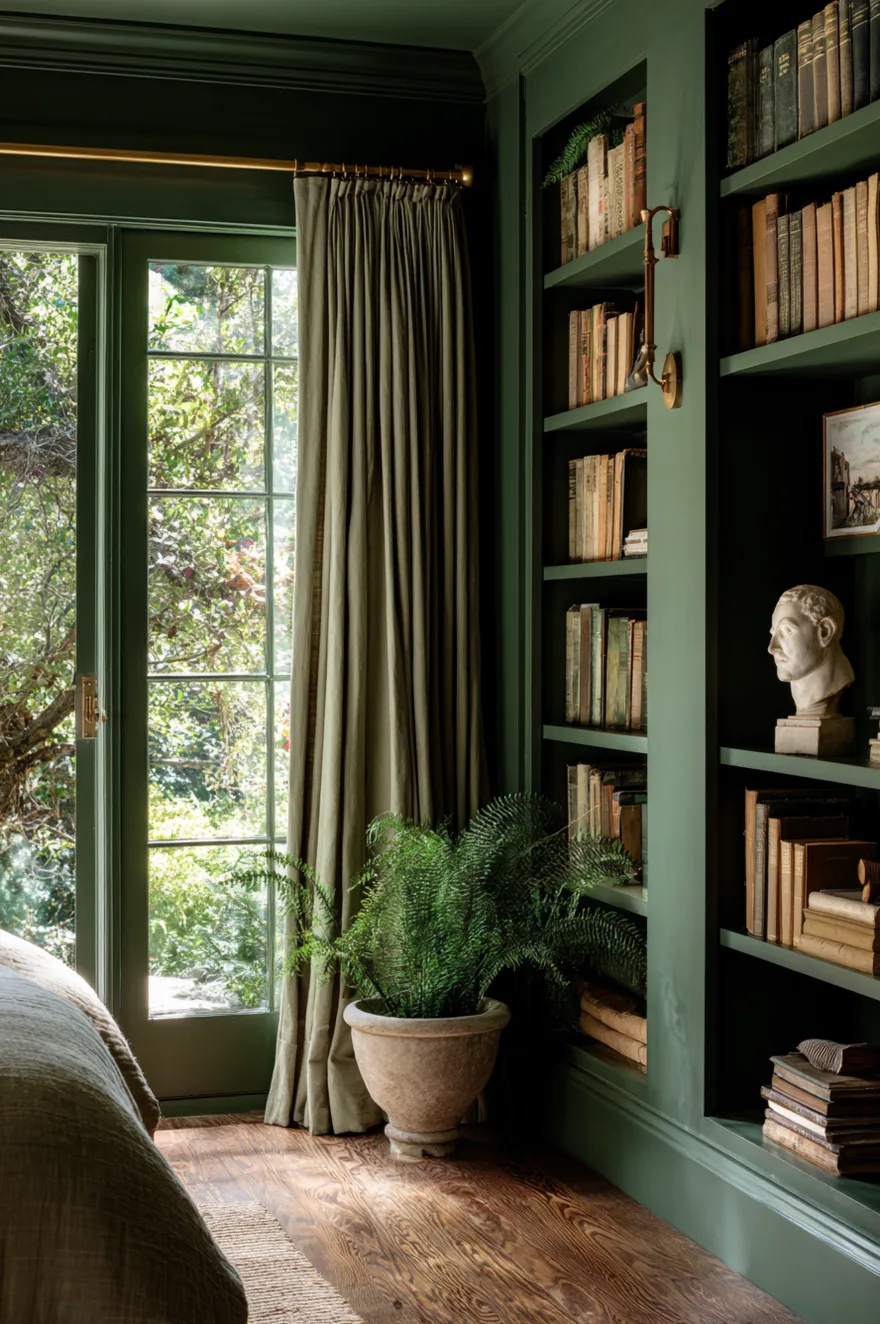 Floor-to-ceiling built-in bedroom shelves painted deep forest green flank a window with warm white oak shelf surfaces, a plaster bust, and a trailing fern.
