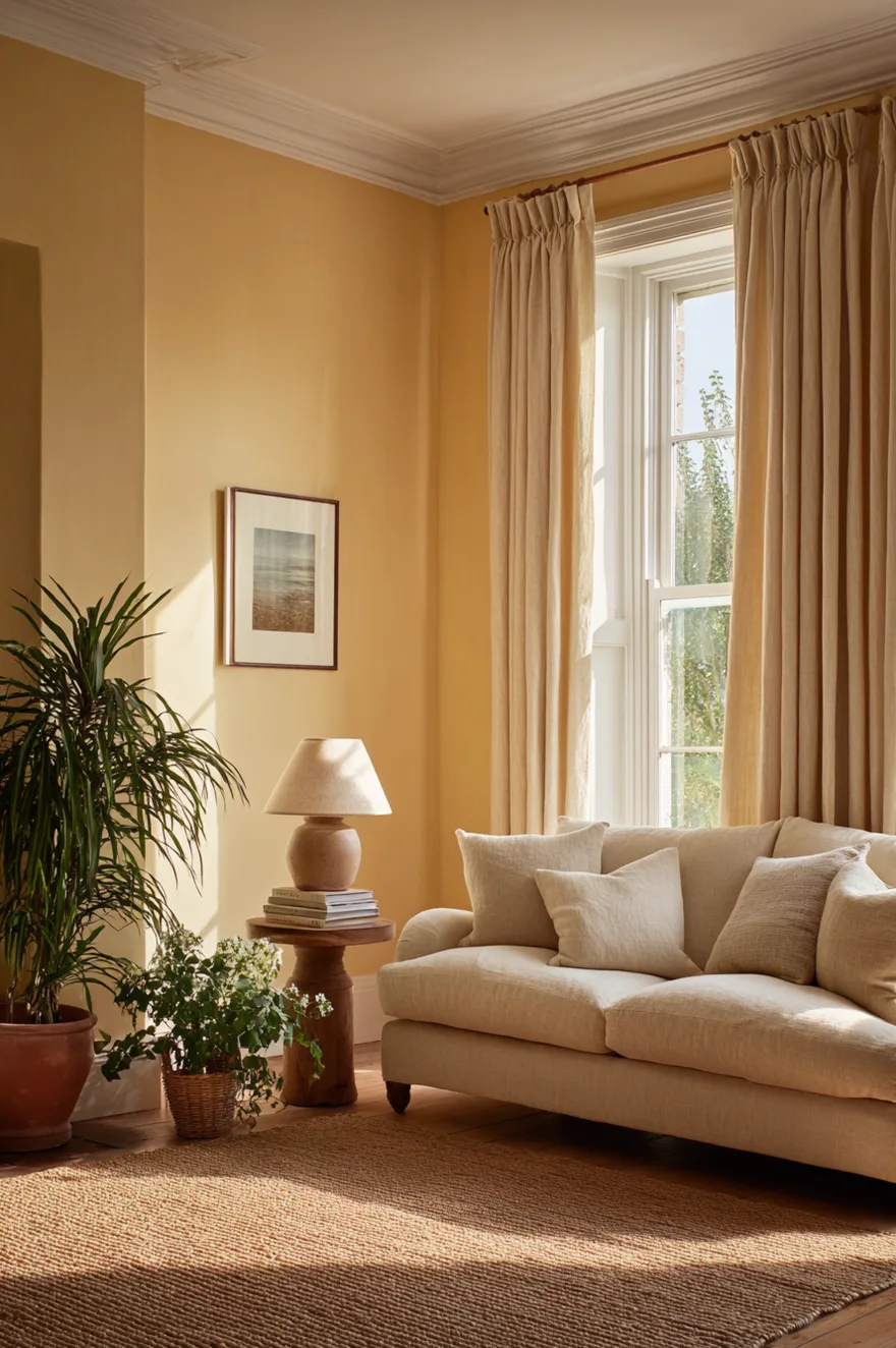 Butter yellow painted walls glowing amber in golden hour light with a cream linen sofa, jute rug, and oatmeal floor-length curtains in a soft living room.
