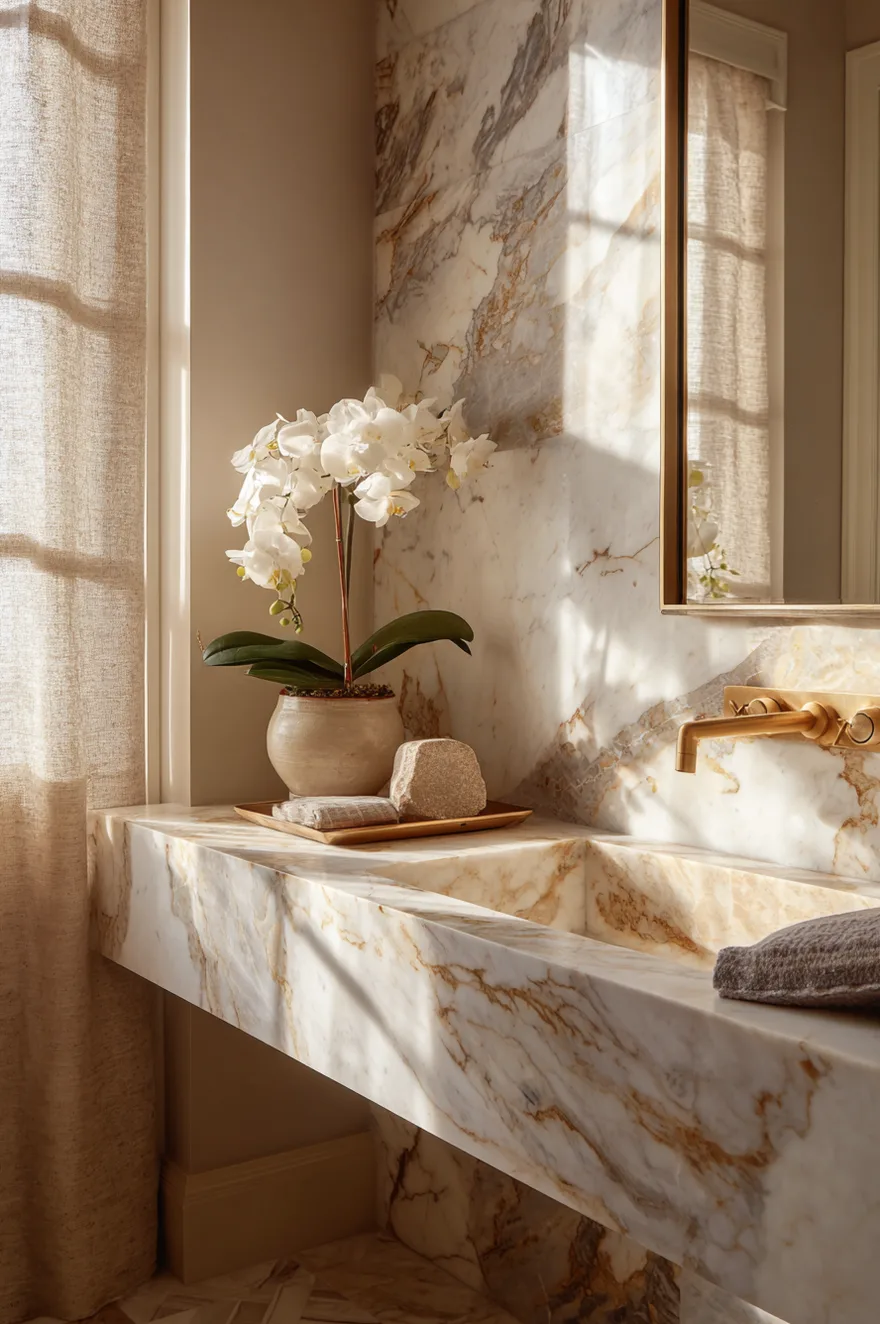 Calacatta Gold marble slab backsplash with unlacquered brass wall-mount faucet, warm cream floating vanity, and a herringbone marble tile floor in afternoon light.