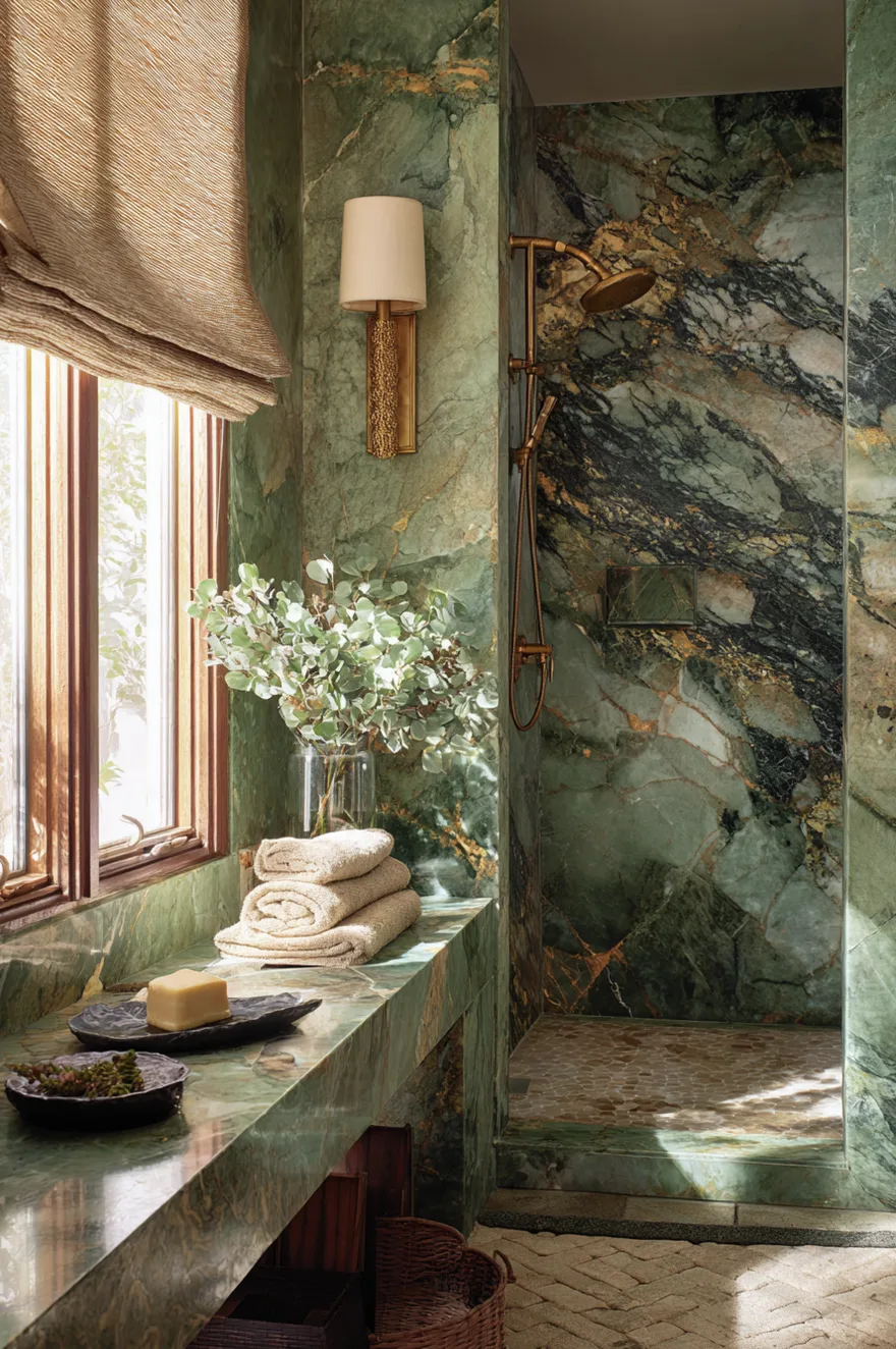 Book-matched verde guatemala green marble slab on a feature wall and shower floor paired with a raw brass faucet and linen Roman shade in a warm bathroom.