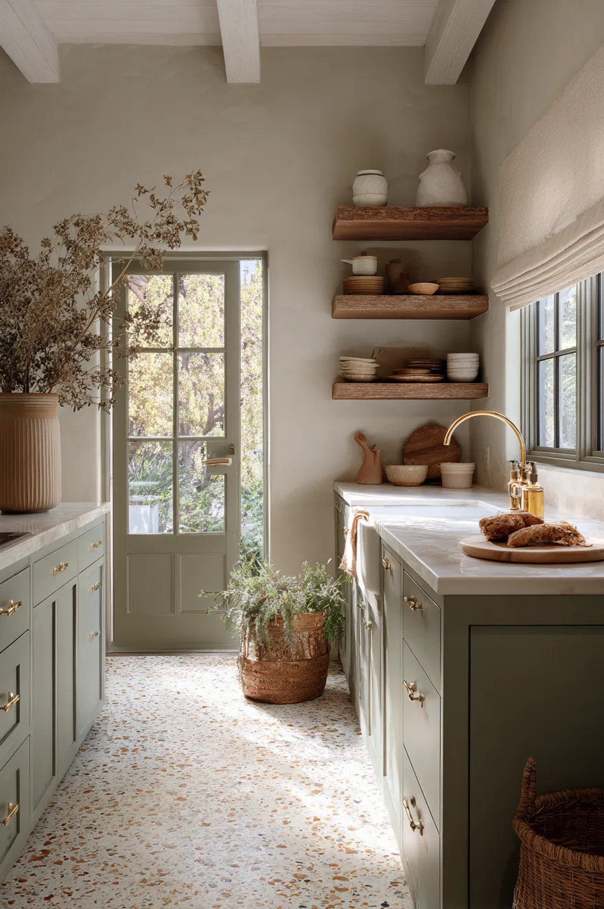 Large-format terrazzo kitchen floor in cream with rust and sage chips beside sage green lower cabinets, warm brass fixtures, and a linen Roman shade.