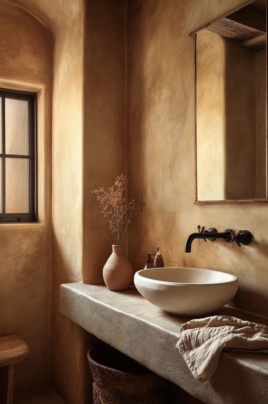 Limewash plaster walls in sandy ochre tone with a white ceramic vessel sink on a stone shelf, dark iron faucet, and a single stem in a clay bottle in warm afternoon light.