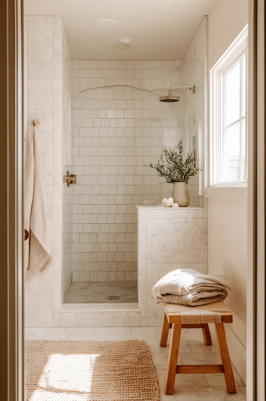 Walk in shower with half wall in honed marble, white subway tile walls, and brushed nickel fixtures inside a bright white bathroom.