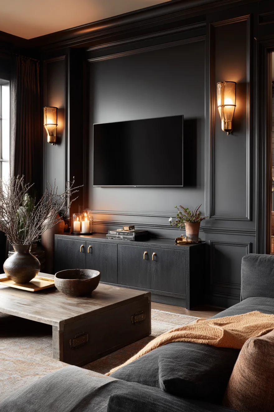 Matte black console against a charcoal wall with amber brass sconces flanking a wall-mounted TV and a brass tray glowing in warm evening lamplight.