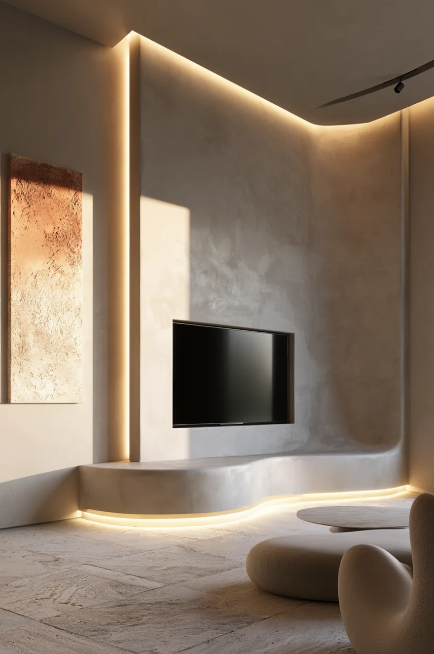 Built-out warm sandy-beige plaster media wall featuring seamlessly integrated gently rounded edges that curve continuously down into a low, fluid wavy plinth console bench. A television screen is recessed into the front plaster face. Warm hidden LED strip lighting illuminates a vertical gap on the left and the lower base of the wavy plinth, skimming the textured stone tile floor. An abstract textured orange and cream canvas artwork hangs on the left wall under soft sunlight.