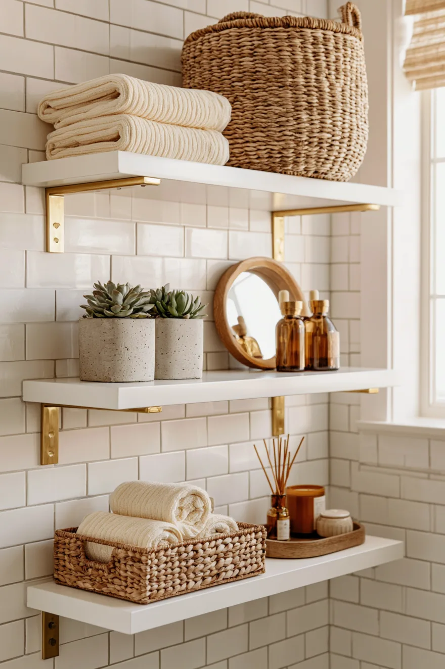 Three white floating shelves with gold brackets on a white subway tile wall, styled with a large woven basket, concrete pots with succulents, a round wood mirror, and amber bottles.