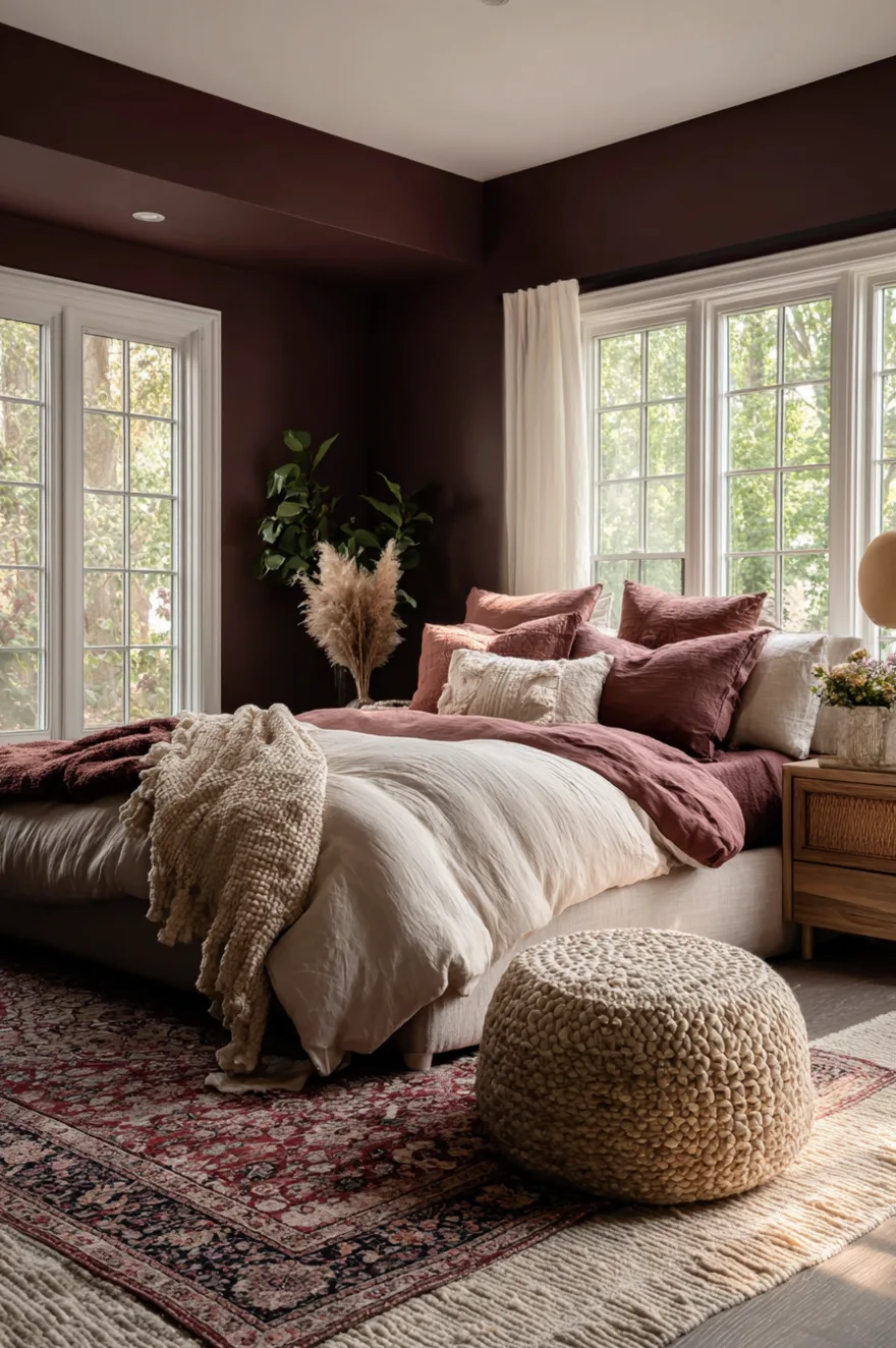 Bedroom with dark walls, hard wood floors, a large jute area rug layered under a smaller vintage Persian-style patterned rug next to the bed.