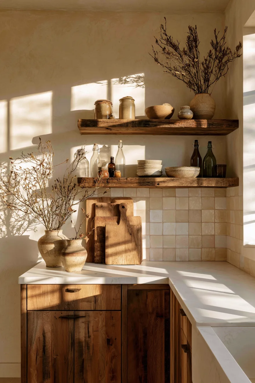 Warm beige zellige tile backsplash behind a white marble countertop, rustic textured plaster walls, thick reclaimed wood open shelves holding vintage stoneware, natural wood cabinets.
